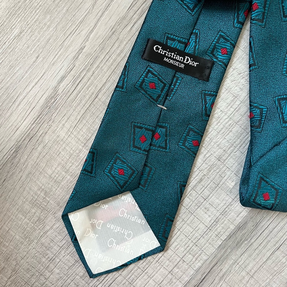 VINTAGE CHRISTIAN DIOR Silk Blend Teal Sheen Tie Pattern - Picture 8 of 10